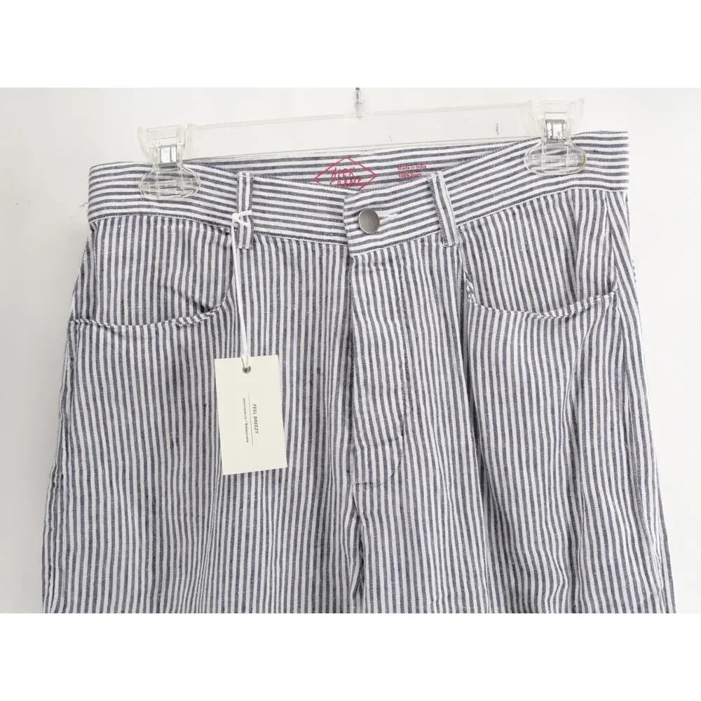 NWT Alex Crane Men's 28x30 White Blue Pinstripe Pants 100% Linen Relaxed Fit